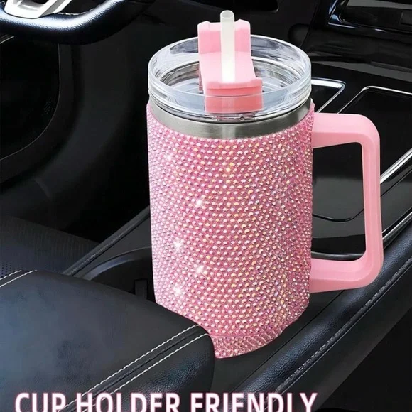 Pink Rhinestone Tumbler Stainless Steel Style 40oz with Handle New - Picture 10 of 15